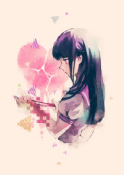 Rule 34 | 1girl, black hair, blood, broken heart, censored, censored violence, clenched hand, gradient background, heart, knife, long hair, looking down, mosaic censoring, nail polish, original, pink nails, pixelated, puffy sleeves, red eyes, school uniform, self-harm, sepia background, serafuku, short sleeves, sidelocks, solo, striped, upper body, yumepon