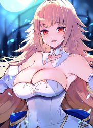 Rule 34 | 1girl, archetype earth, arcueid brunestud, armpit peek, armpits, bare shoulders, blonde hair, blush, breasts, cleavage, detached collar, detached sleeves, dress, fate/grand order, fate (series), full moon, gown, highres, kyuu (plastic night q), large breasts, long hair, long sleeves, looking at viewer, moon, night, night sky, open mouth, princess, red eyes, sky, solo, strapless, strapless dress, tsukihime, type-moon, upper body