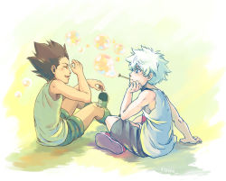 Rule 34 | 2boys, aqua eyes, brown hair, bubble, blowing bubbles, closed eyes, gon freecss, head rest, hunter x hunter, indian style, killua zoldyck, male focus, multiple boys, shoes, shorts, shougin, signature, sitting, smile, sneakers, tank top, white hair