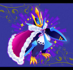 Rule 34 | blue eyes, cape, claws, commentary request, creatures (company), empoleon, fur-trimmed cape, fur trim, game freak, gen 4 pokemon, hasuba., letterboxed, looking at viewer, nintendo, pink ribbon, pokemon, pokemon (creature), ribbon, solo, sparkle