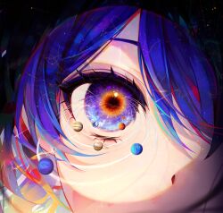 Rule 34 | 1girl, 58 (opal 00 58), absurdres, aquarius (constellation), blue eyes, blue hair, cancer (constellation), capricorn (constellation), close-up, commentary, earth (planet), english commentary, eye focus, eye reflection, eyelashes, gradient hair, hair between eyes, highres, leo (constellation), looking at viewer, makeup, mascara, multicolored hair, orange pupils, original, planet, reflection, scorpius (constellation), solar system, solo, spotlight