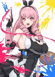 Rule 34 | 1girl, absurdres, artist painter, ayla: kaleido (punishing: gray raven), ayla (punishing: gray raven), bare arms, bare shoulders, black bodysuit, black hairband, bodysuit, breasts, cleavage, drill hair, hairband, highres, holding, holding paintbrush, holding palette, large breasts, limited palette, long hair, mechanical arms, open mouth, paintbrush, palette (object), pink hair, punishing: gray raven, red eyes, side drill, solo, yagikan (caru2338)