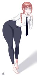 Rule 34 | 1girl, artist name, black necktie, black pants, braid, breasts, chainsaw man, feet, highres, long hair, long sleeves, makima (chainsaw man), necktie, onaeane, pants, red hair, shirt, small breasts, solo, thick thighs, thighs, tight clothes, tight pants, white background, white shirt, wide hips