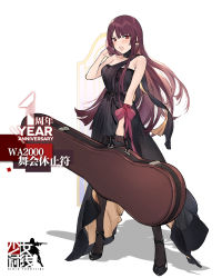 Rule 34 | 1girl, arm ribbon, black dress, black gloves, black pantyhose, blush, breasts, cello case, choker, dress, duoyuanjun, earrings, full body, girls&#039; frontline, gloves, tucking hair, half gloves, high heels, highres, jewelry, large breasts, long hair, looking at viewer, official alternate costume, official art, open mouth, pantyhose, purple hair, red eyes, ribbon, sidelocks, simple background, single glove, solo, very long hair, wa2000 (ballroom interlude) (girls&#039; frontline), wa2000 (girls&#039; frontline), white background