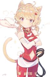 Rule 34 | 1girl, amakawa tamawo, animal ears, baozi, blonde hair, cat ears, cat tail, cleavage cutout, clothing cutout, crossed arms, fang, food, gloves, hair ornament, highres, holding, jumpsuit, navel cutout, original, purple eyes, red jumpsuit, short twintails, sleeveless, solo, solo focus, sparkle, tail, twintails, whip, white background, white gloves