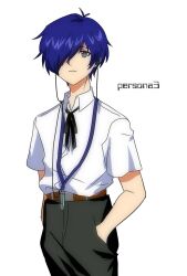 Rule 34 | 1boy, belt, black pants, blue hair, brown belt, closed mouth, copyright name, earbuds, earphones, expressionless, grey eyes, hair over one eye, ham eunseong, hands in pockets, highres, male focus, one eye covered, pants, persona, persona 3, school uniform, shirt, short hair, short sleeves, solo, tokyo-3 middle school uniform, white shirt, yuuki makoto (persona 3)