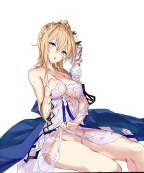 Rule 34 | 1girl, aria (schwarza97rw0rd), bare shoulders, blonde hair, blue eyes, breasts, cleavage, clothes lift, collarbone, dress, dress lift, europa (granblue fantasy), flower, granblue fantasy, hair between eyes, hair flower, hair ornament, large breasts, lifted by self, looking at viewer, no panties, open mouth, short hair, simple background, solo, thighs, tiara, white background, white dress