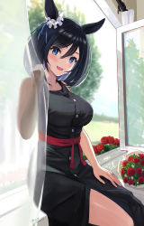 Rule 34 | 1girl, animal ears, artist name, black dress, black hair, blue eyes, blush, breasts, buttons, curtains, dated, dress, eishin flash (umamusume), flower, hair between eyes, highres, horse ears, horse girl, jewelry, large breasts, may9, open mouth, red flower, red rose, ring, rose, short hair, signature, smile, solo, thighs, umamusume, wedding band, window