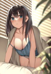 Rule 34 | 1girl, all fours, bare arms, bare shoulders, black hair, blanket, window blinds, blue eyes, blue shirt, breasts, camisole, cleavage, closed mouth, downblouse, expressionless, kureha (ironika), large breasts, long hair, looking away, no bra, original, shirt, short shorts, shorts, sleeveless, sleeveless shirt, solo, spaghetti strap, strap slip, thighs, tsubasa (kureha), under covers