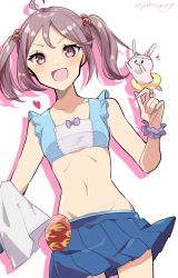 Rule 34 | 1girl, badge, bikini, blue bikini, blue skirt, breasts, commentary request, cowboy shot, frilled bikini, frills, hair bobbles, hair ornament, highres, johssnny, kantai collection, looking at viewer, official alternate costume, pink eyes, pink hair, pleated skirt, rabbit, sazanami (kancolle), short hair, simple background, skirt, small breasts, swimsuit, towel, twintails, white background