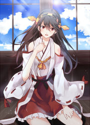 Rule 34 | 10s, 1girl, black hair, brown hair, cloud, day, detached sleeves, hair ornament, hairband, haruna (kancolle), headgear, japanese clothes, kantai collection, long hair, looking at viewer, open mouth, personification, red eyes, sen&#039;yuu yuuji, sky, solo, wide sleeves