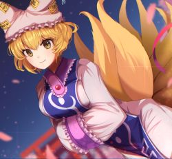 Rule 34 | 1girl, animal ears, animal hat, blonde hair, blue tabard, closed mouth, dress, fox ears, fox tail, frills, goma (u p), hands in opposite sleeves, hat, kitsune, kyuubi, leaning forward, looking at viewer, mob cap, multiple tails, mob cap, raised eyebrow, sky, smile, solo, star (sky), starry sky, tabard, tail, tassel, touhou, white dress, yakumo ran, yellow eyes