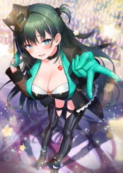 Rule 34 | 1girl, absurdres, aqua eyes, black footwear, black legwear, blush, breasts, cleavage, gloves, glowstick, green gloves, green hair, gyaru v, highres, idoly pride, komiyama ai, large breasts, long hair, long sleeves, looking at viewer, mask, mask on head, noixen, outstretched arm, parted lips, smile, solo, standing, star (symbol), v