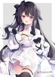 Rule 34 | 1girl, azur lane, black hair, black thighhighs, blush, breasts, cleavage, coat, commentary request, fur trim, gloves, hat, highres, large breasts, long hair, long sleeves, looking at viewer, open mouth, pamiat merkuria (azur lane), purple eyes, shirt, skindentation, smile, solo, thighhighs, tsukimi (xiaohuasan), white hat