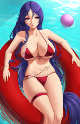 Rule 34 | 1girl, ball, bare shoulders, belly chain, bikini, blush, bracelet, breasts, cleavage, collarbone, fate/grand order, fate (series), highres, innertube, jewelry, large breasts, long hair, looking at viewer, minamoto no raikou (fate), nail polish, navel, parted bangs, parted lips, purple eyes, purple hair, red bikini, swim ring, swimsuit, thigh strap, thighs, very long hair, water, zaphn