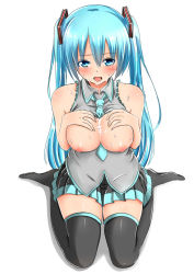 Rule 34 | 1girl, annoyed, baretto (karasi07), between breasts, blue eyes, blue hair, blush, breasts, breasts out, cum, cum on body, cum on breasts, cum on upper body, facial, full body, hands on own chest, hatsune miku, highres, long hair, medium breasts, nipples, skirt, sleeveless, solo, thighhighs, twintails, vocaloid, white background