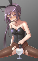 Rule 34 | 1girl, akebono (kancolle), alternate breast size, alternate costume, animal ears, bare shoulders, bell, black leotard, blush, breasts, censored, commentary request, covered navel, cup, drinking glass, fake animal ears, fang, flower, glasses, gradient background, grey background, hair bell, hair flower, hair ornament, highres, jingle bell, kantai collection, leotard, long hair, looking at viewer, medium breasts, open mouth, pantyhose, playboy bunny, purple eyes, purple hair, rabbit ears, side ponytail, sitting, small breasts, solo, strapless, tears, torn clothes, torn pantyhose, very long hair, wine glass, yuki to hana