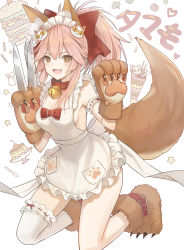 Rule 34 | 1girl, animal ear fluff, animal ears, animal hands, apron, bad id, bad pixiv id, bare shoulders, bell, between fingers, blush, breasts, brown eyes, cat hair ornament, cleavage, collar, fangs, fate/extra, fate/grand order, fate (series), fox ears, fox girl, fox tail, gloves, hair between eyes, hair ornament, highres, holding, jingle bell, kneeling, knife, large breasts, long hair, looking at viewer, naked apron, neck bell, open mouth, paw gloves, paw shoes, pink hair, ponytail, ramune., shoes, sidelocks, simple background, smile, tail, tamamo (fate), tamamo cat (fate), tamamo cat (third ascension) (fate), white background