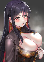 Rule 34 | 1girl, absurdres, black coat, black dress, black hair, blush, breasts, china dress, chinese clothes, chinese knot, coat, colored inner hair, dress, earrings, floral print, goddess of victory: nikke, highres, jewelry, large breasts, long hair, long sleeves, looking at viewer, moran (nikke), multicolored hair, red eyes, red hair, solo, steaming body, sweat, tara (szzj7733), tassel, tassel earrings, two-tone dress, yellow dress