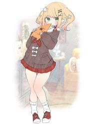 Rule 34 | 1girl, biting, blonde hair, blush, brown cardigan, cardigan, gradient hair, green eyes, hair ornament, hairclip, highres, hololive, kuma no bansoukou, long hair, loose socks, microskirt, momosuzu nene, momosuzu nene (casual), multicolored hair, nekko (momosuzu nene), official alternate costume, official alternate hair length, official alternate hairstyle, pink hair, plaid, plaid skirt, pleated skirt, pout, red footwear, red skirt, sailor collar, shoes, skirt, sneakers, socks, solo focus, sweatdrop, twintails, virtual youtuber, white sailor collar, white socks
