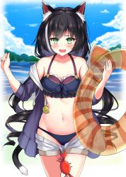 Rule 34 | 1girl, absurdres, animal ear fluff, animal ears, arm up, bare shoulders, bikini, black hair, blue bikini, blush, breasts, cat ears, cat girl, cat tail, clothes pull, collarbone, commentary request, cowboy shot, crab, fang, green eyes, highres, holding, holding swim ring, innertube, jacket, karyl (princess connect!), karyl (summer) (princess connect!), kavies, long hair, looking at viewer, low twintails, medium breasts, multicolored hair, navel, open mouth, outdoors, princess connect!, purple jacket, revision, short shorts, shorts, shorts pull, skin fang, solo, standing, stomach, streaked hair, swim ring, swimsuit, tail, twintails, very long hair, white hair, white shorts
