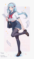 Rule 34 | 1girl, adjusting footwear, aqua hair, artist name, black thighhighs, blue eyes, blue sailor collar, blue skirt, blush, bow, briefcase, brown footwear, calculus, chinese commentary, commentary request, dated, english text, floating hair, hair bow, hairband, highres, holding, holding paper, leg up, legs, loafers, long hair, looking at viewer, midriff peek, original, paper, pleated skirt, qizhu, red bow, red hairband, sailor collar, school briefcase, school uniform, serafuku, shoes, short sleeves, skirt, smile, solo, standing, standing on one leg, star (symbol), thighhighs, water, white serafuku