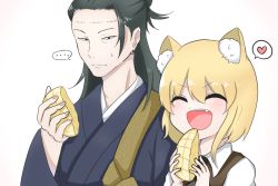 Rule 34 | ..., 1boy, 1girl, animal ears, asymmetrical hair, black hair, black kimono, black necktie, blonde hair, blush, bread, brown vest, closed eyes, closed mouth, collared shirt, commentary request, cookie (touhou), ear piercing, expressionless, folded ponytail, food, fox ears, fox girl, heart, hirano gengorou, holding, holding food, japanese clothes, kimono, long hair, looking at another, looking to the side, manatsu no yo no inmu, medium hair, melon bread, miramikaru riran, necktie, open mouth, piercing, shirt, sidelocks, simple background, smile, spoken ellipsis, spoken heart, stitches, upper body, vest, warumetto, white background, white shirt