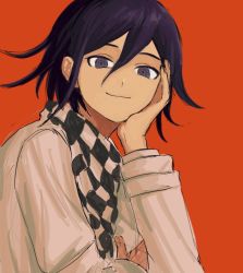 Rule 34 | 1boy, black hair, checkered clothes, checkered scarf, closed mouth, commentary, danganronpa (series), danganronpa v3: killing harmony, hair between eyes, hand on own cheek, hand on own face, jacket, long sleeves, looking at viewer, male focus, oma kokichi, purple eyes, purple hair, red background, renshu usodayo, scarf, short hair, simple background, smile, solo, upper body