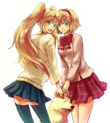 Rule 34 | 2girls, alexia lynn elesius, bibako, blonde hair, bow, clarissa arwin, dog, green eyes, hairband, happy, long hair, multiple girls, open mouth, pink bow, ribbon, short hair, simple background, skirt, smile, sweater, thighhighs, tongue, tony (wild arms), tony (wild arms xf), twintails, white background, wild arms, wild arms xf