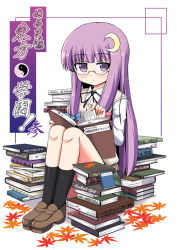 Rule 34 | 1girl, bespectacled, book, crescent, crescent hair ornament, female focus, glasses, hair ornament, loafers, long hair, patchouli knowledge, purple eyes, purple hair, shoes, solo, touhou, yukimaru rin