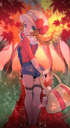 Rule 34 | 1girl, autumn, bag, blue eyes, blue shorts, bow, breasts, brown hair, cellphone, chorimokki, creatures (company), female focus, fingernails, from behind, game freak, grass, hand up, handbag, hat, hat bow, holding, holding poke ball, looking at viewer, looking back, lyra (pokemon), nintendo, open mouth, outdoors, phone, poke ball, poke ball (basic), poke ball symbol, poke ball theme, pokemon, pokemon hgss, red bow, red footwear, red shirt, shirt, shoes, short shorts, shorts, small breasts, solo, standing, sunset, suspenders, thighhighs, tree, twintails, walking, white hat, white thighhighs