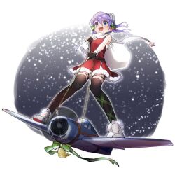 Rule 34 | 1girl, aircraft, airplane, bell, belt, black belt, black gloves, black thighhighs, blue eyes, blush, commentary, full body, gloves, holding, holding sack, kantai collection, langley (kancolle), medium hair, official alternate costume, open mouth, purple hair, sack, santa costume, smile, solo, symbol-only commentary, thighhighs, yamashichi (mtseven)