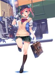 Rule 34 | 1girl, absurdres, armband, asama natsuki, black footwear, black socks, blue eyes, bow, bowtie, breasts, briefcase, charm (object), full body, glint, gloves, gluteal fold, hair ornament, hair ribbon, hairclip, hat, highres, holding, holding briefcase, hose, kneehighs, loafers, looking at viewer, medium breasts, miniskirt, novel illustration, official art, open mouth, pink hair, plaid, plaid skirt, pleated skirt, pocket watch, ribbon, salute, school briefcase, school uniform, shirt, shoes, short hair, short sleeves, side ponytail, single kneehigh, single sock, skirt, smile, socks, solo, standing, standing on one leg, striped bow, striped bowtie, striped clothes, striped neckwear, sweater vest, swept bangs, train, usui to kanojo to rokusan no., vania600, watch, white gloves, white shirt