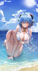 Rule 34 | 1girl, absurdres, ahoge, all fours, alternate costume, ankle ribbon, arm support, bare arms, bare legs, bare shoulders, barefoot, beach, bell, bikini, blue hair, blue nails, blue sky, breasts, choker, cleavage, closed mouth, cloud, commentary, cowbell, criss-cross halter, day, dutch angle, flower knot, ganyu (genshin impact), genshin impact, goat horns, hair between eyes, halterneck, hand up, highres, horns, kneeling, large breasts, layered bikini, leaning forward, leg ribbon, long hair, looking at viewer, mountainous horizon, nail polish, neck bell, ocean, outdoors, pucohiiiii, purple eyes, ribbon, shallow water, sidelocks, sky, smile, solo, summer, sun, sunlight, swimsuit, thighs, vision (genshin impact), water, wet, white bikini