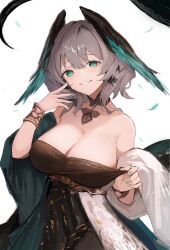 Rule 34 | 1girl, absurdres, arknights, black choker, black dress, bracelet, breasts, choker, cleavage, commentary request, cowboy shot, dress, ema (kuguiema), grey hair, grin, head tilt, highres, ho&#039;olheyak (arknights), ho&#039;olheyak (carriage of the winds of time) (arknights), jewelry, large breasts, looking at viewer, official alternate costume, simple background, smile, snake tail, solo, standing, strapless, strapless dress, tail, white background