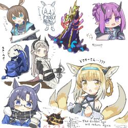 Rule 34 | amiya (arknights), animal ear fluff, animal ears, arknights, az84997592, bare shoulders, black gloves, blonde hair, blue eyes, blue hair, blue hairband, blush, blush stickers, braid, braided hair rings, character request, collaboration, collage, colored tips, commentary request, cropped torso, demon girl, demon horns, earpiece, fang (arknights), fox ears, fox girl, fox tail, glasses, gloves, grey hair, hair rings, hairband, hibiscus (arknights), horns, horse ears, horse girl, irene (arknights), kitsune, kyuubi, long sleeves, maid, material growth, multicolored hair, multiple tails, open mouth, originium slug (arknights), oripathy lesion (arknights), purple eyes, purple hair, rabbit ears, rabbit girl, semi-rimless eyewear, simple background, single glove, suzuran (arknights), tail, translation request, twin braids, two-tone hair, under-rim eyewear, white background, white hair, yellow eyes