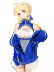 Rule 34 | 1girl, ahoge, alternate costume, artoria pendragon (all), artoria pendragon (fate), blonde hair, blue eyes, blue jacket, blue ribbon, blush, braid, braided bun, breasts, cleavage, closed mouth, cowboy shot, fate/stay night, fate (series), hair bun, hair ribbon, hand in pocket, head tilt, high collar, jacket, jacket partially removed, looking at viewer, medium breasts, no pants, partially unbuttoned, partially unzipped, ribbon, saber (fate), shirt, simple background, single hair bun, sleeveless, sleeveless shirt, sleeves past wrists, smile, solo, underbust, white background, yeono0