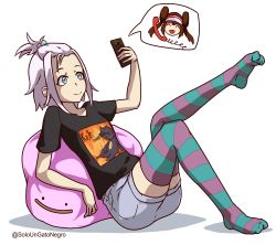Rule 34 | 2girls, absurdres, alternate costume, aqua eyes, arm support, arm up, artist name, banette, black shirt, brown hair, cellphone, closed eyes, collarbone, creatures (company), crossed legs, cushion, ditto, double bun, flat chest, full body, game freak, gen 1 pokemon, gen 3 pokemon, hair bobbles, hair bun, hair ornament, hat, highres, holding, jaggy lines, knee up, leg up, multicolored clothes, multicolored legwear, multiple girls, nintendo, open mouth, phone, pink headwear, pokemon, pokemon (creature), pokemon bw2, rosa (pokemon), roxie (pokemon), shirt, short hair, short shorts, short sleeves, shorts, sitting, smile, solo focus, soloungatonegro, speech bubble, striped clothes, striped legwear, striped thighhighs, thighhighs, topknot, transparent background, twintails, twitter username, visor cap, watermark, white hair, white shorts