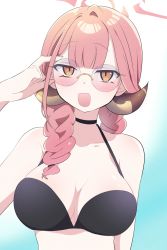 Rule 34 | 1girl, absurdres, aru (blue archive), bikini, black bikini, blue archive, blunt bangs, braid, breasts, cleavage, demon horns, glasses, halo, highres, horns, large breasts, long hair, open mouth, pink hair, rimless eyewear, round eyewear, sasabe opika, smile, solo, swimsuit, twin braids, upper body, yellow eyes