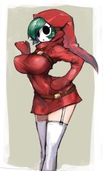 Rule 34 | 1girl, belt, borrowed character, breasts, dress, eye socket, garter straps, genderswap, genderswap (mtf), green hair, hand on own hip, hollow eyes, hood, hoodie, impossible clothes, impossible dress, jiyu2, large breasts, mario (series), mask, mittens, narrow waist, nintendo, red dress, short dress, short hair, shy gal, shy guy, solo, taut clothes, thighhighs, white thighhighs, zettai ryouiki