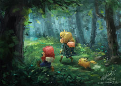 Rule 34 | arms behind head, bettykwong, blue overalls, blue shirt, carrying, chibi, creatures (company), facing away, forest, game freak, gen 1 pokemon, grass, kirby, kirby (series), light rays, link, mario, mario (series), nature, nintendo, overalls, painting (action), piggyback, pikachu, pokemon, pokemon (creature), red shirt, shirt, sunbeam, sunlight, super smash bros., the legend of zelda, the legend of zelda: breath of the wild, tree