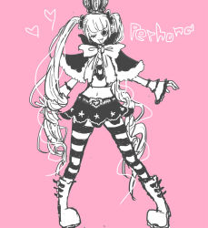 Rule 34 | 1girl, :d, belt, boots, bow, character name, crown, female focus, full body, heart, long hair, long sleeves, looking at viewer, midriff, monochrome, nacchi, navel, one eye closed, one piece, open mouth, perona, pink background, short cape, simple background, skirt, smile, solo, standing, striped legwear, twintails, very long hair, wink