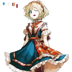Rule 34 | 1girl, adapted costume, alice margatroid, black pantyhose, blonde hair, blue dress, blue eyes, capelet, color guide, dress, female focus, geppewi, hairband, one eye closed, open mouth, pantyhose, sash, short hair, solo, touhou, transparent background, wink