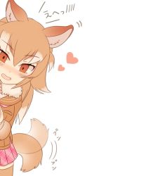 Rule 34 | 1girl, :d, afterimage, ancolatte (onikuanco), animal ear fluff, animal ears, blush, commentary, empty eyes, fang, fur collar, gradient hair, hair between eyes, hair flaps, heart, japanese wolf (kemono friends), kemono friends, light brown hair, long hair, looking at viewer, motion lines, multicolored hair, nose blush, open mouth, orange eyes, peeking out, plaid, plaid skirt, pleated skirt, simple background, skirt, smile, solo, tail, tail wagging, thighhighs, white background, white hair, wolf ears, wolf girl, wolf tail