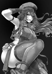 Rule 34 | 1girl, armlet, artist name, belt, black background, breasts, commission, curvy, gloves, greyscale, hat, highres, large breasts, long hair, looking at viewer, magion02, monochrome, original, parted lips, sideless outfit, simple background, smile, solo, thighhighs, wide hips