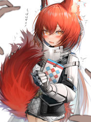 Rule 34 | 1girl, absurdres, arknights, armor, commentary request, flametail (arknights), gauntlets, hair between eyes, highres, long hair, looking at viewer, open mouth, red hair, simple background, solo focus, tab head, tail, tears, wavy mouth, white background