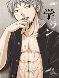 Rule 34 | 1boy, abs, cum, cum on body, cum on upper body, earrings, facial, gradient background, grey hair, hirohide, jewelry, male focus, muscular, open clothes, open shirt, red eyes, school uniform, shirt, solo, white hair