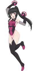 Rule 34 | 1girl, absurdres, black gloves, black hair, black thighhighs, blunt bangs, breasts, chuunioniika, covered navel, elbow gloves, gloves, highres, leotard, long hair, looking at viewer, open mouth, pink eyes, pink leotard, senki zesshou symphogear, shiny skin, skin tight, small breasts, solo, thighhighs, thighs, transparent background, tsukuyomi shirabe, yo-yo
