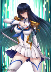 Rule 34 | 1girl, adsouto, black hair, blue eyes, breasts, collarbone, covered navel, epaulettes, fringe trim, hand on own chest, highres, holding, holding sword, holding weapon, junketsu, kill la kill, kiryuuin satsuki, long hair, medium breasts, navel, sheath, sheathed, signature, solo, standing, sword, thighhighs, very long hair, weapon