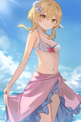 Rule 34 | bikini, blonde hair, blue sky, blush, bow, bow bikini, breasts, cleavage, clothes lift, cloud, feather hair ornament, feathers, flower, frilled sarong, genshin impact, hair between eyes, hair flower, hair ornament, highres, light rays, light smile, looking at viewer, lumine (genshin impact), medium breasts, midriff, navel, ocean, outdoors, pink sarong, ponzu pon9, sarong, sarong lift, short hair with long locks, sidelocks, sky, stomach, sunbeam, sunlight, swimsuit, white bikini, white flower, yellow eyes